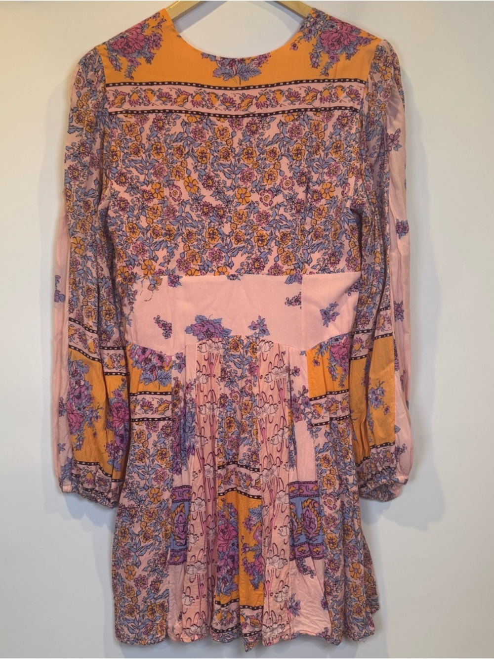 Free People Mixin’ It Up Mini Dress Boho Floral Tie Waist Pink Orange M - Picture 2 of 5